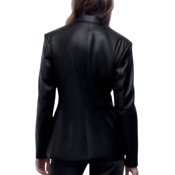 Zara Black Double Breasted Vegan Leather Fitted Blazer Jacket Sharp Lapels S - Picture 5 of 13